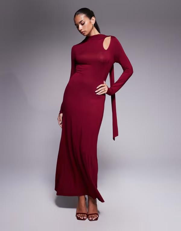 エイソス レディース トップス ワンピース マキシワンピース マキシ ASOS DESIGN long sleeve scarf detail maxi dress Wine ワイン