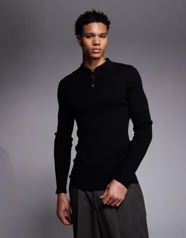 エイソス メンズ トップス ポロシャツ コットン ASOS DESIGN muscle fit long sleeve micro rib polo cotton blend Black ブラック