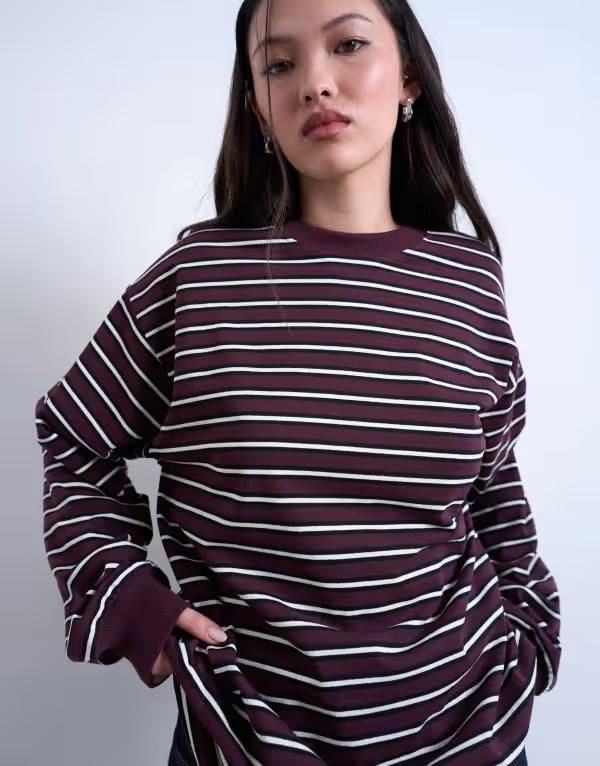 トップショップ レディース トップス Tシャツ Topshop striped long sleeve slouchy skater tee Burgundy バーガンディ