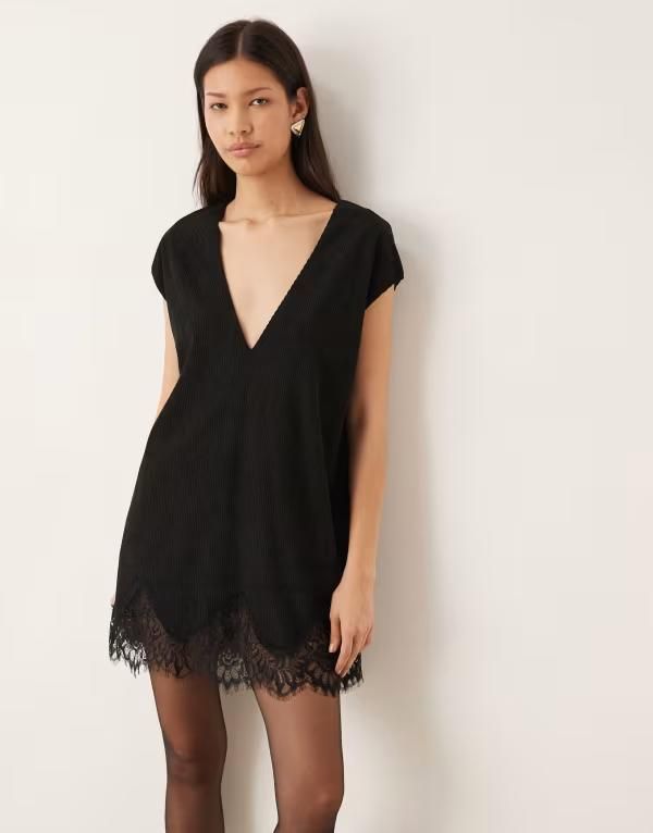 エイソス レディース トップス ワンピース コーデュロイ レーストリム ミニ レース ASOS DESIGN corduroy lace trimini shift dress Black ブラック