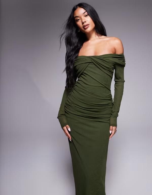 エイソス レディース トップス ワンピース ミディワンピース メッシュ ミディ ASOS DESIGN textured mesh bardot twist front midi dress Khaki カーキ