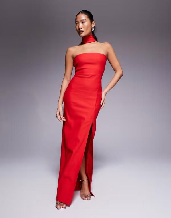 ベスパー レディース トップス ワンピース プチ マキシ Vesper Petite bengaline choker neck detail bandeau side split maxi dress RED レッド