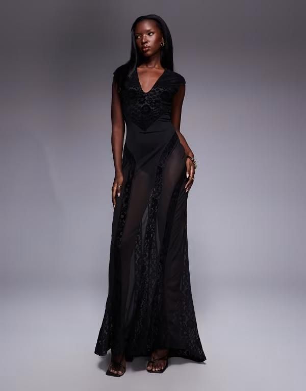 エイソス レディース トップス ワンピース シアースカート マキシワンピース ベルベット シアー スカート レース マキシ ASOS DESIGN plunge velvet lace sheer skirt maxi dress with low back 14,220円