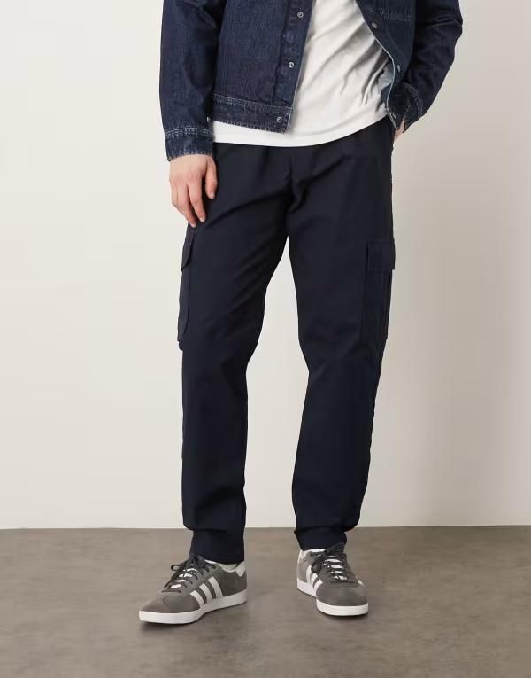 エイソス メンズ ボトムス カジュアルパンツ カーゴパンツ ASOS DESIGN tapered cargo pants ripstop NAVY ネイビー