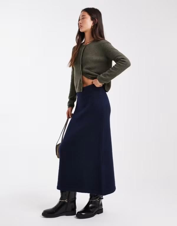 エイソス レディース ボトムス スカート ウール ニット マキシ ASOS DESIGN wool look knit maxi skirt part of a set Navy ネイビー