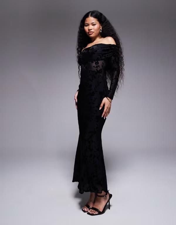 ティエフエヌシー レディース トップス ワンピース マキシワンピース プチ オフショルダー ベルベット マキシ TFNC Petite offshoulder long sleeve maxi dress velvet burnout Black ブラック