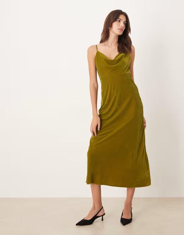ノーバディーズ チャイルド レディース トップス ワンピース ベルベット Nobodys Child Trixie velvet cami midaxi dress in olive GREEN グリーン