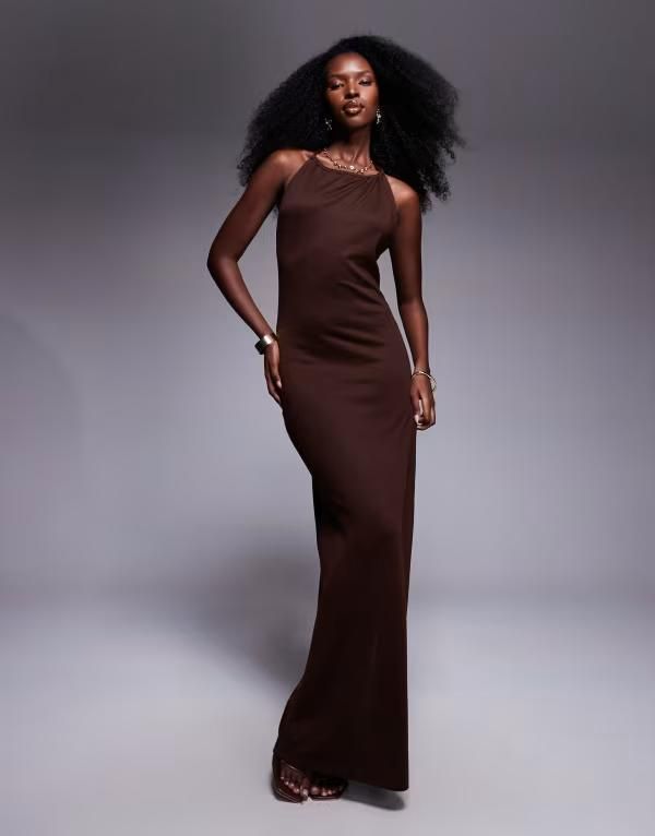 サウスビーチ レディース トップス ワンピース ニット マキシ South Beach knitted maxi beach dress in dark BROWN ブラウン