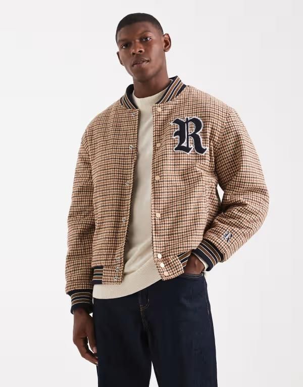レディファインド レブル メンズ アウター ジャケット・ブルゾン Redefined Rebel boxy varsity jacket plaid BROWN ブラウン