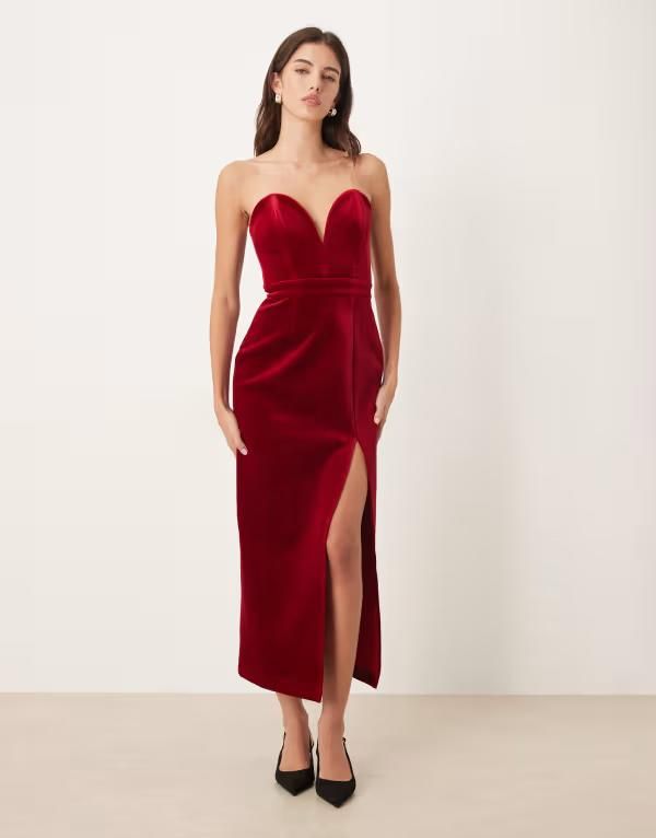 ノーバディーズ チャイルド レディース トップス ワンピース ミディワンピース ミディ ベルベット Nobodys Child velvet plunge neck structured tube midi dress RED レッド