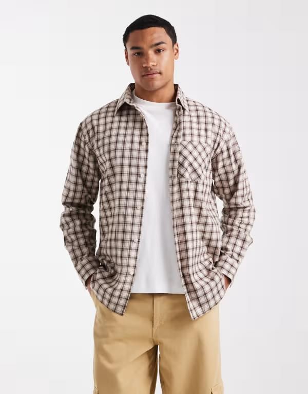 スリードベア メンズ トップス シャツ ボタンダウン ダウン Threadbare long sleeve button down check shirt and cream BROWN ブラウン