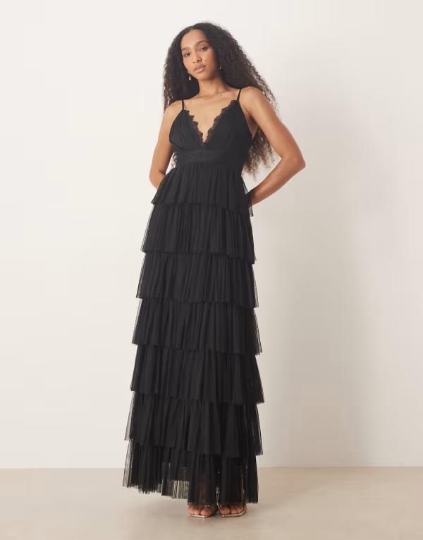 レース アンド ビーズ レディース トップス ワンピース Vネック チュール ティアード マキシワンピース マキシ Lace Beads Vneck lace tiered tulle maxi dress Black ブラック