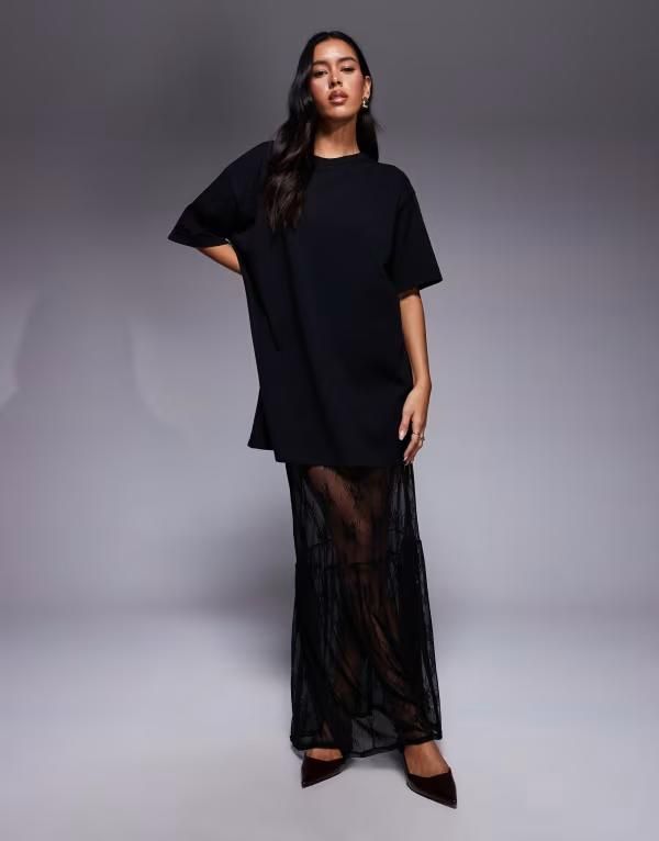 ファッションキラ レディース トップス ワンピース ティアード Tシャツ コットン レース マキシ Fashionkilla cotton blend lace tiered hemaxi tshirt dress Black ブラック