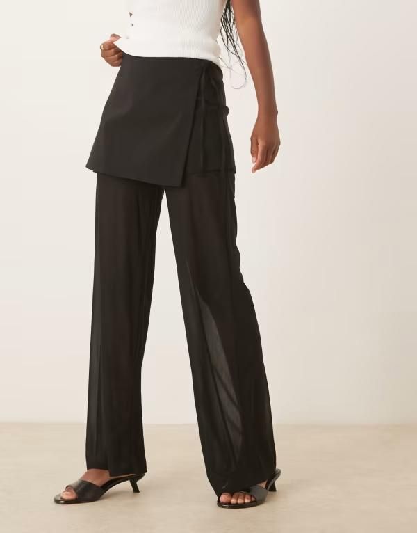 エイソス レディース ボトムス カジュアルパンツ メッシュ パンツ スカート ASOS DESIGN mixed fabric mesh pants with tie side skirt Black ブラック