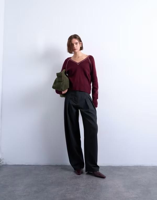 トップショップ レディース ボトムス カジュアルパンツ パンツ Topshop dropped waist barrel pants stripe herringbone Gray Herringbone グレー
