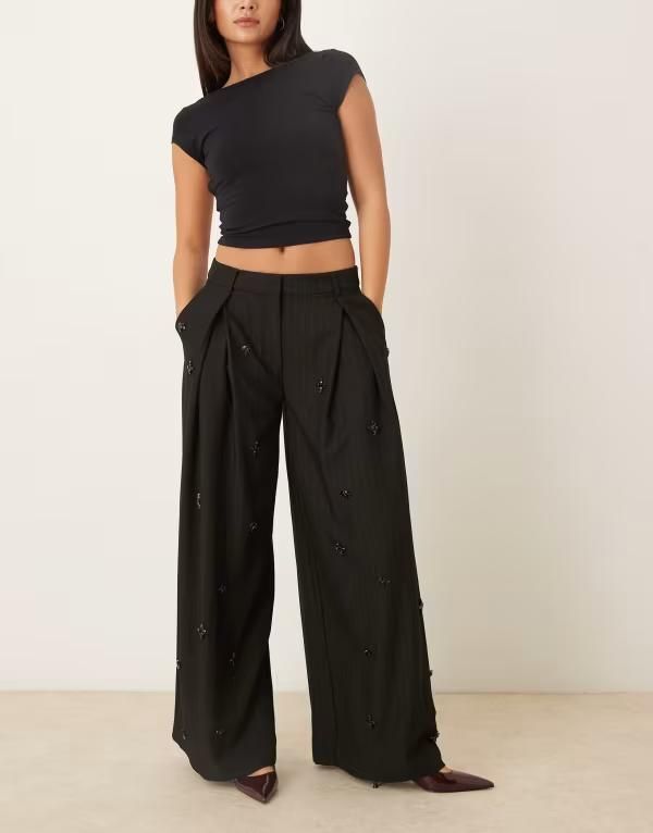 エイソス レディース ボトムス カジュアルパンツ ローライズ ASOS DESIGN tailored low risembellished pants pinstripes Black Pinstripe ブラック