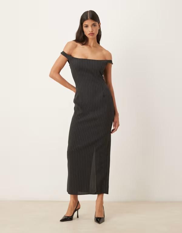 エイソス レディース トップス ワンピース ミディワンピース ミディ ASOS DESIGN off shoulder tailored pencil midi dress pinstripe Black printripe ブラック