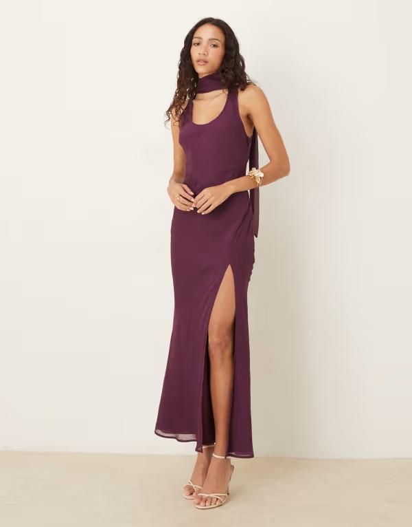 エイソス レディース トップス ワンピース ASOS DESIGN scoop neck scarf detail midaxi dress in grape Grape グレープ