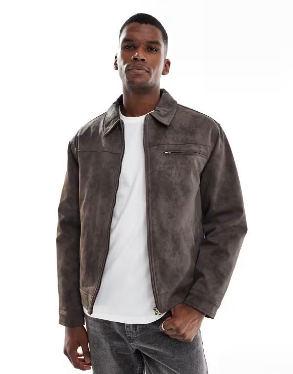 コットンオン メンズ アウター ジャケット・ブルゾン スエード クロップド ジャケット Cotton On cropped faux suede harrington jacket in dark DARK GRAY グレー