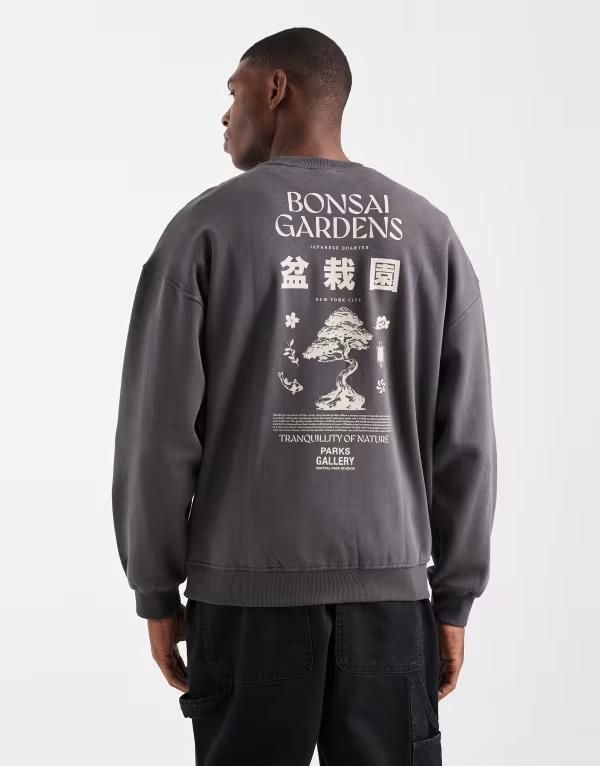 オンリーアンドサンズ メンズ アウター パーカー・スウェット ヴィンテージ プリント ONLY SONS vintage fit sweat with bonsai back print in charcoal Gray Pinstripe グレー