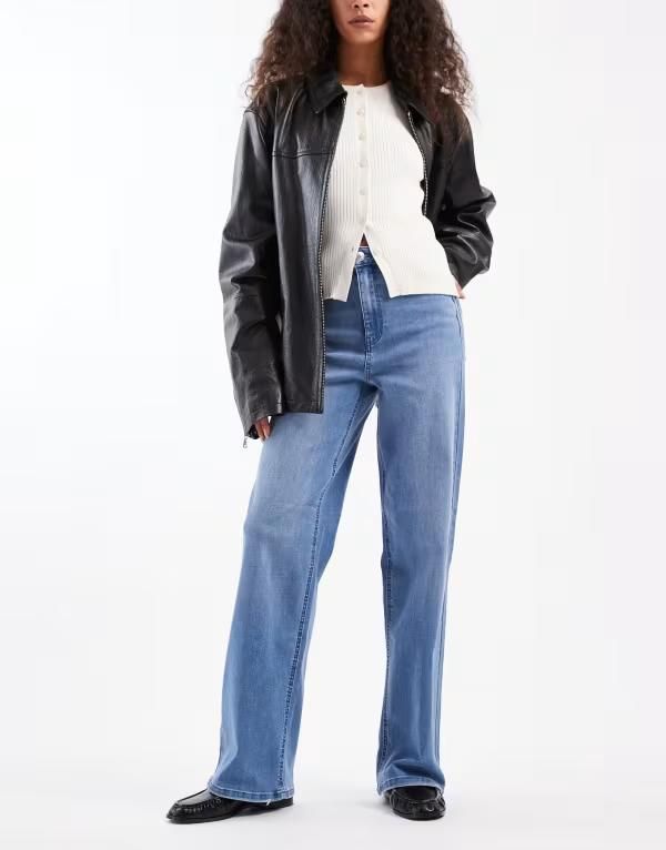 オンリー レディース ボトムス デニムパンツ ワイドレッグ ハイウエスト ジーンズ ONLY Juicy high waist wide leg jeans in mid MID BLUE ブルー