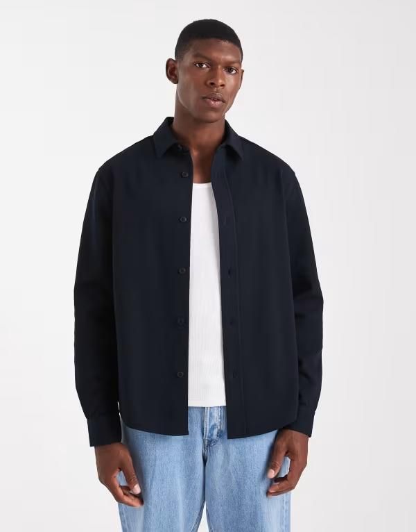エイソス メンズ トップス シャツ レギュラーフィット ジャージー ASOS DESIGN regular fit jersey shirt NAVY ネイビー
