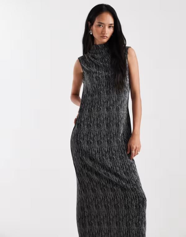 ヴェロモーダ レディース トップス ワンピース ミディ ノースリーブ Vero Moda sleevelesslash neck glitter midi dress and Black Silver ブラック