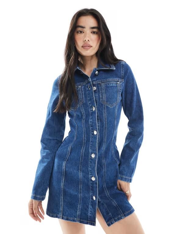 エイソス レディース トップス ワンピース シャツワンピース ミニ シャツ デニム ASOS DESIGN denim mini shirt dress with seam and pocket detailing in mid DARK MID BLUE ブ