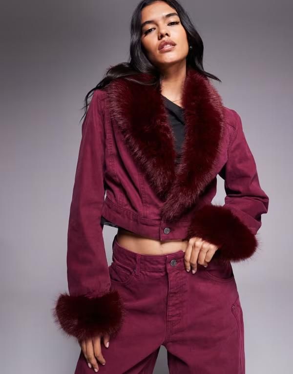 エーエフアールエム レディース アウター ジャケット・ブルゾン デニム ジャケット AFRM Margot faux fur denim jacket in port part of a set Port デニム