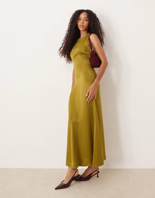 エイソス レディース トップス ワンピース マキシワンピース サテン マキシ ASOS DESIGN racer neck satin maxi dress in olive Deep olive オリーブ