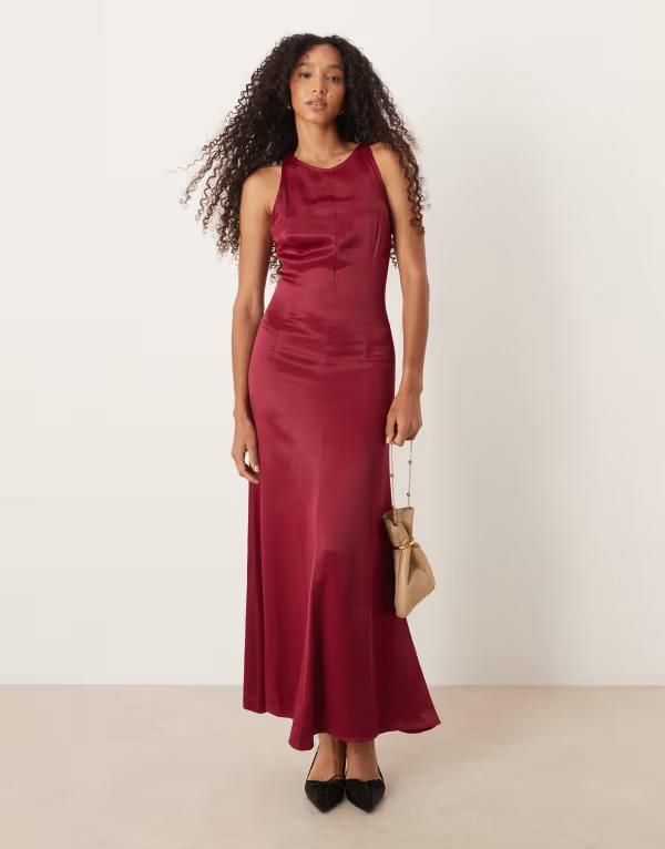 エイソス レディース トップス ワンピース マキシワンピース サテン マキシ ASOS DESIGN racer neck satin maxi dress Rich Berry Red レッド