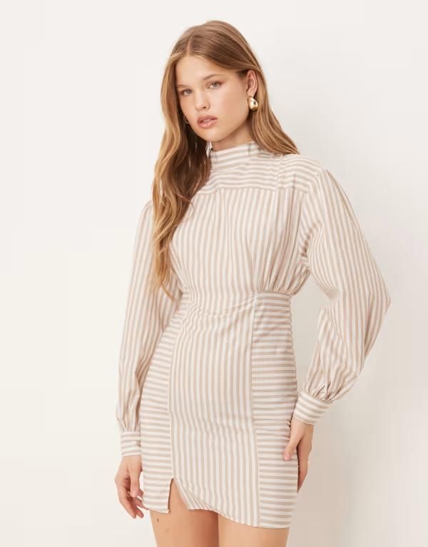 エイソス レディース トップス ワンピース ハイネック ミニワンピース プリーツ プリント ミニ ASOS DESIGN high neck poplin mini dress with pleated waist in stripe print Stripe