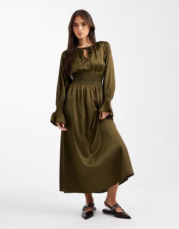 ウェンズデーガール レディース トップス ワンピース Wednesdays Girl long sleeve boho midaxi dress GREEN グリーン