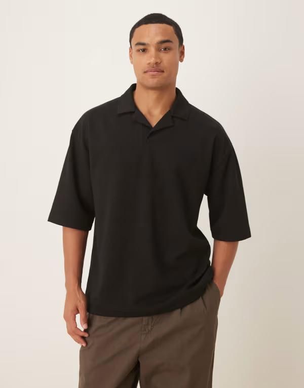 エイソス メンズ トップス ポロシャツ コットン ASOS DESIGN breatheMAX heavyweight oversized half sleeve camp collar polo cotton blend Black ブラック