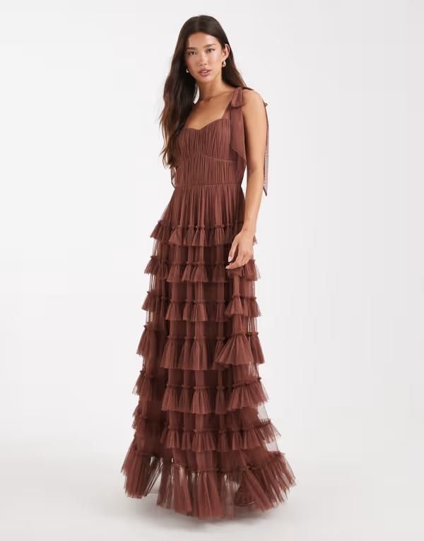 レース アンド ビーズ レディース トップス ワンピース チュール マキシワンピース マキシ Lace Beads Bridesmaid bow shoulders tulle maxi dress in rose Rose brown ブラウン