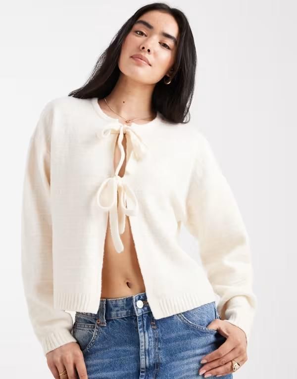 ヴェロモーダ レディース アウター カーディガン ニット Vero Moda textured knit tie front cardigan in heathered cream Birch melange クリーム