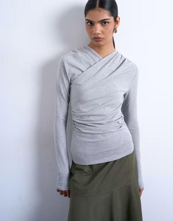トップショップ レディース トップス Tシャツ ギャザー Topshop ruched wrap long sleeve top heather Gray Heather グレー
