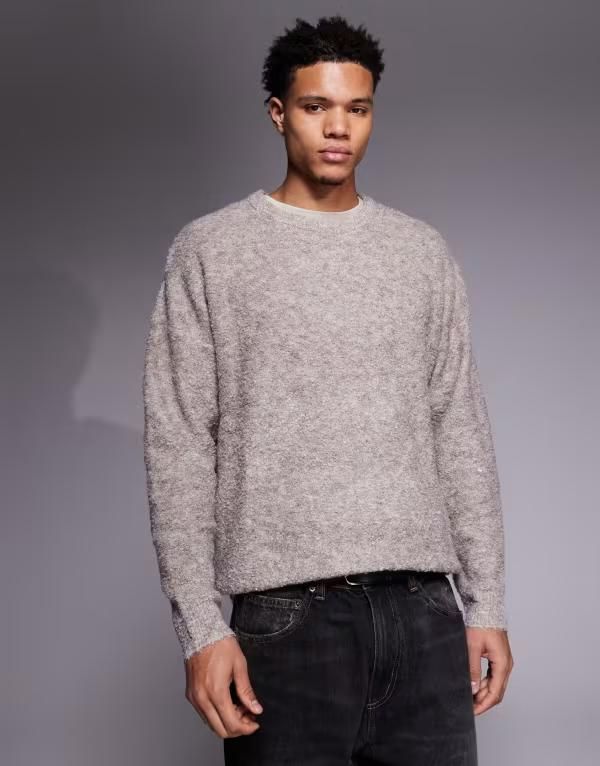 エイソス メンズ アウター ニット・セーター クルーネック ASOS DESIGN oversized knit boucle crew neck sweater Gray グレー