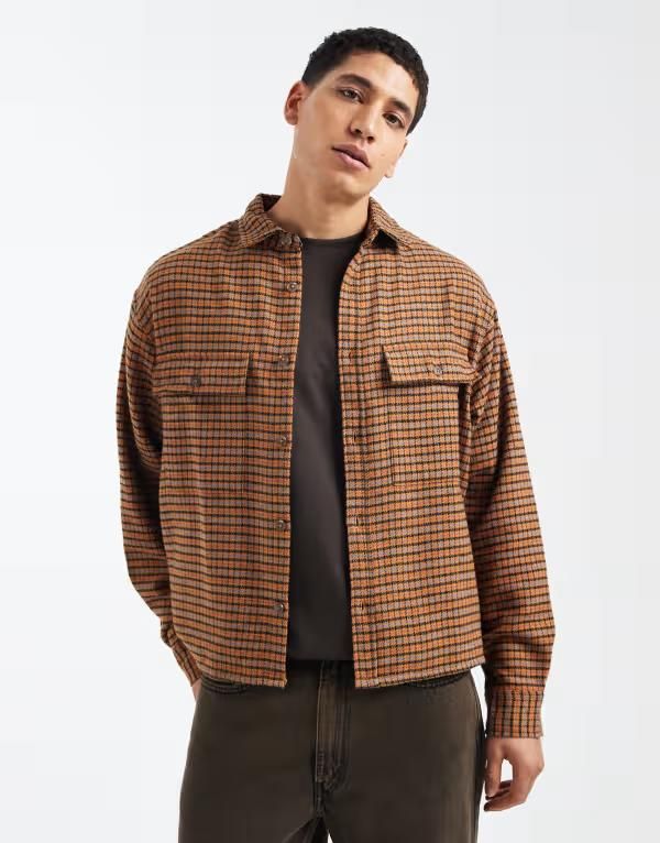 エイソス メンズ トップス シャツ ASOS DESIGN boxy oversized shirt micro plaid BROWN ブラウン