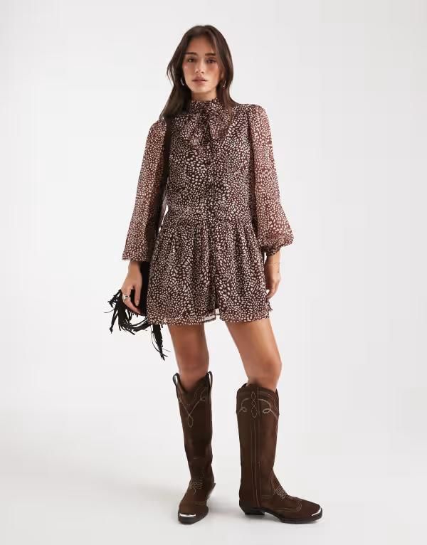 ウェンズデーガール レディース トップス ワンピース ミニワンピース プリント ミニ Wednesdays Girl leopard print floaty mini dress BROWN ブラウン