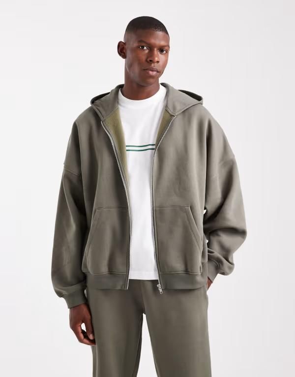 エイソス メンズ アウター パーカー・スウェット フルジップ パーカー ASOS DESIGN essential extreme oversized zip through hoodie Dusty olive オリーブ
