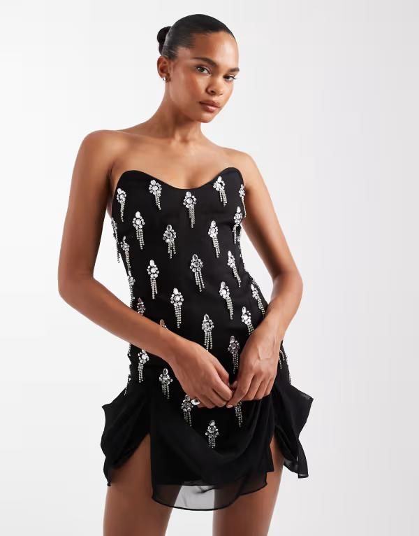 エイソス レディース トップス ワンピース ミニワンピース ドレープ ミニ ASOS DESIGN corset detail embellished drape mini dress Black ブラック