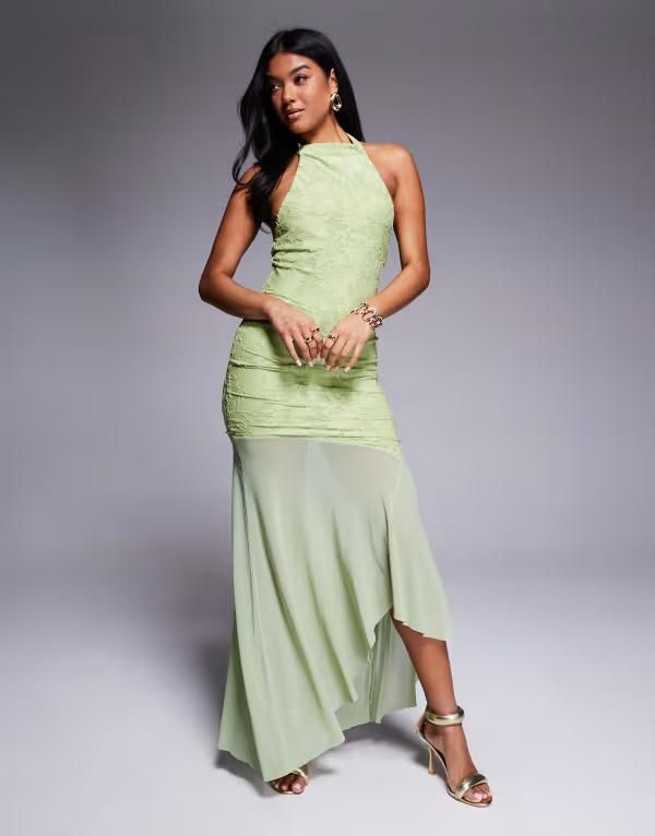 エイソス レディース トップス ワンピース シアースカート ハイネック マキシワンピース シアー スカート マキシ ASOS DESIGN highneck maxi dress with sheer skirt Light Green グリーン