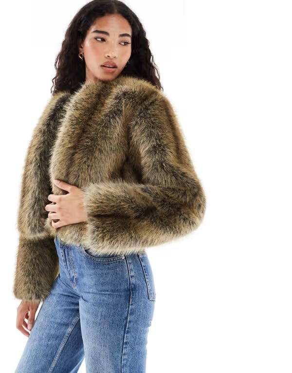 ブレーブソウル レディース アウター コート ジャケット Brave Soul collarless short faux fur jacket BROWN ブラウン