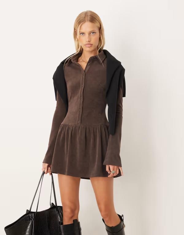 エイソス レディース トップス ワンピース ミニ ASOS DESIGN button up drop waist cord mini dress in chocolate チョコレート