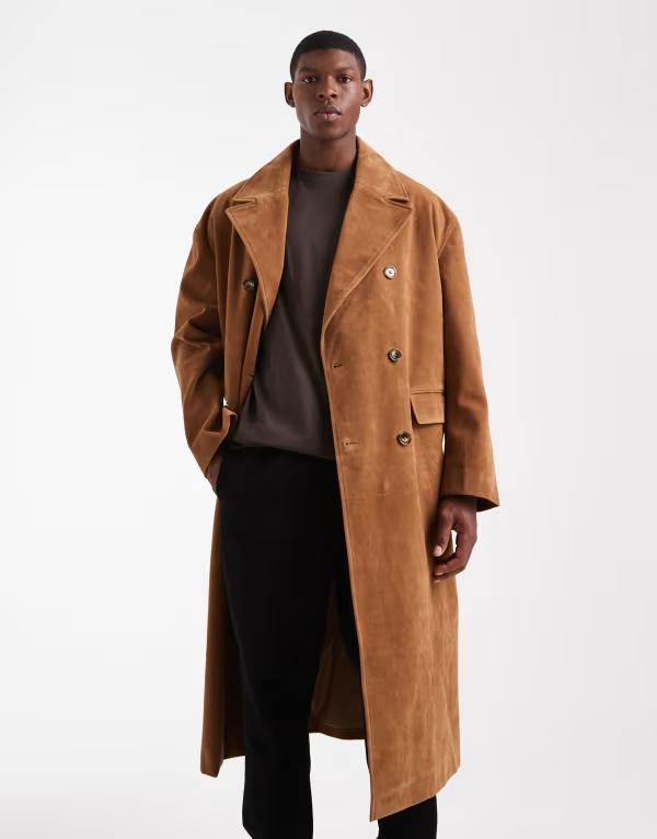 エイソス メンズ アウター コート スエード ASOS DESIGN faux suede overcoat BROWN ブラウン