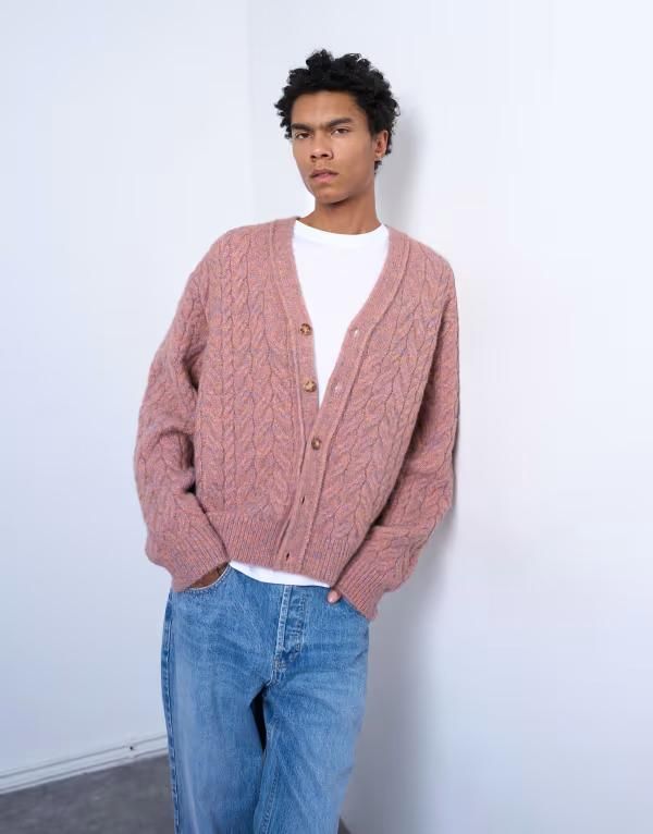 トップマン メンズ アウター カーディガン ニット Topman cable knit cardigan PINK ピンク