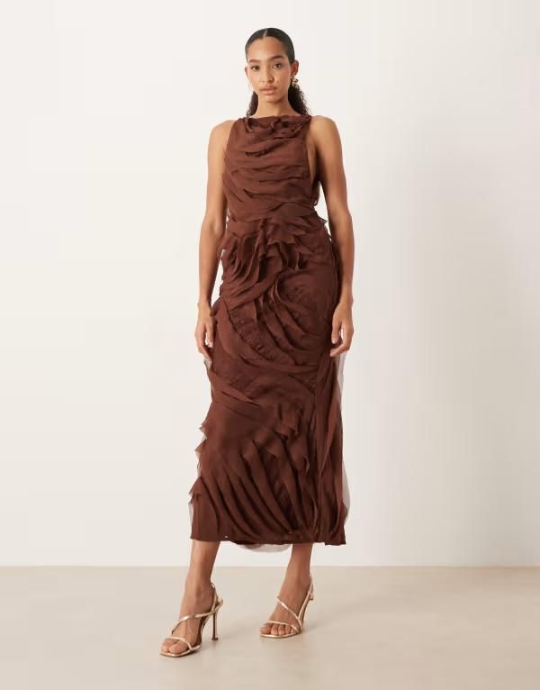 エイソス レディース トップス ワンピース ハイネック マキシワンピース フリル レース マキシ ASOS DESIGN high neck raw edge ruffle maxi dress with lace inserts in chocolate C