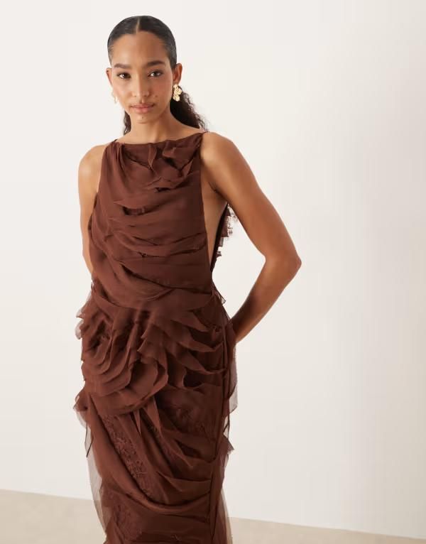 エイソス レディース トップス ワンピース ハイネック マキシワンピース フリル レース マキシ ASOS DESIGN high neck raw edge ruffle maxi dress with lace inserts in chocolate C
