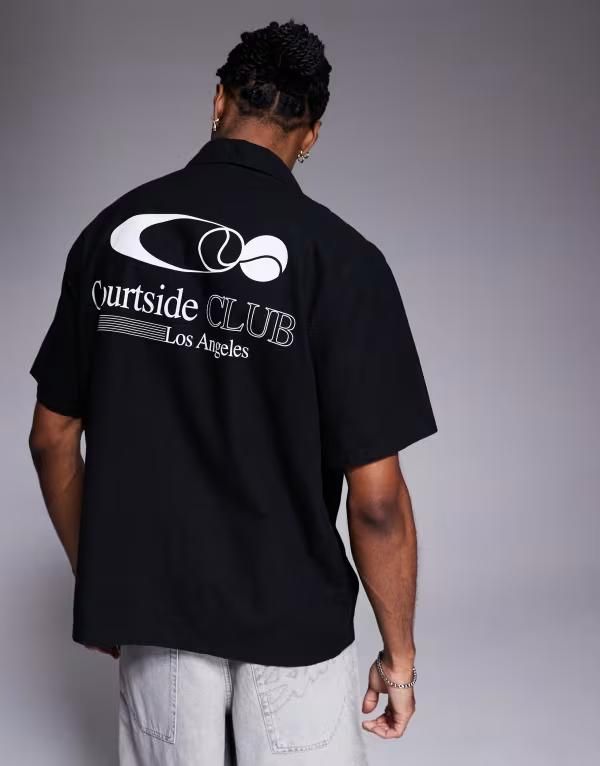 エイソス メンズ トップス シャツ プリント ASOS DESIGN relaxed camp collar shirt with tennis print Black ブラック